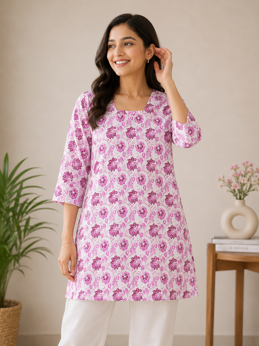 Women’s Pink Floral Printed Cotton Short Kurti Top  Back Door – Casual, Office & Partywear
