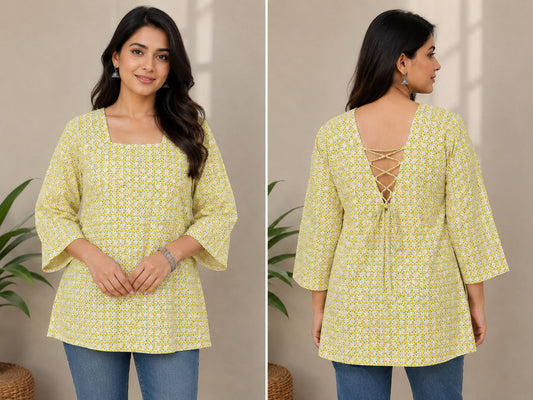 Women’s Yellow Printed Cotton Short Kurti Top with Back Dori – Casual, Office & Partywear