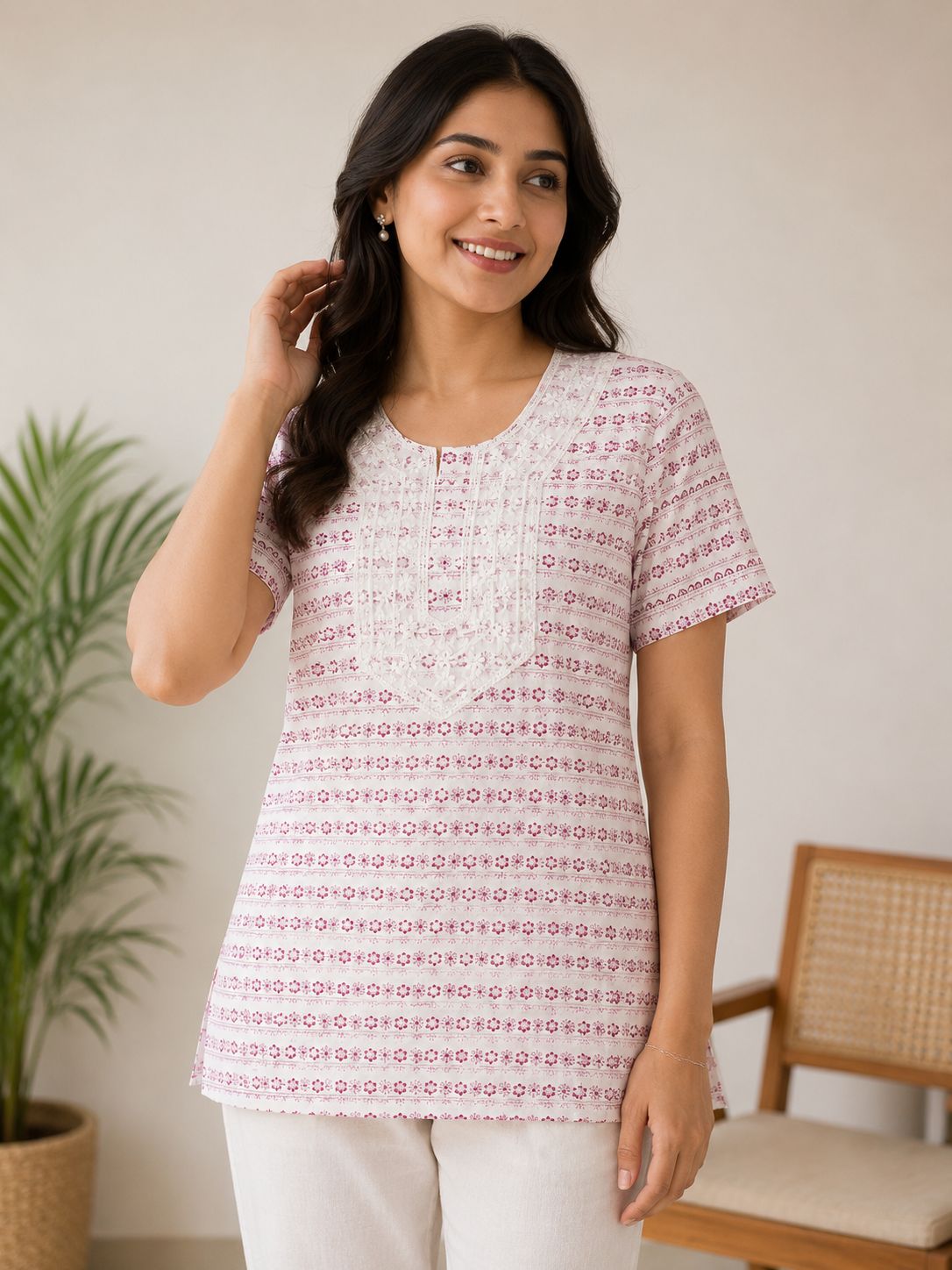 Women’s Pink Printed Cotton Top | Elegant Casual, Office & Party Wear