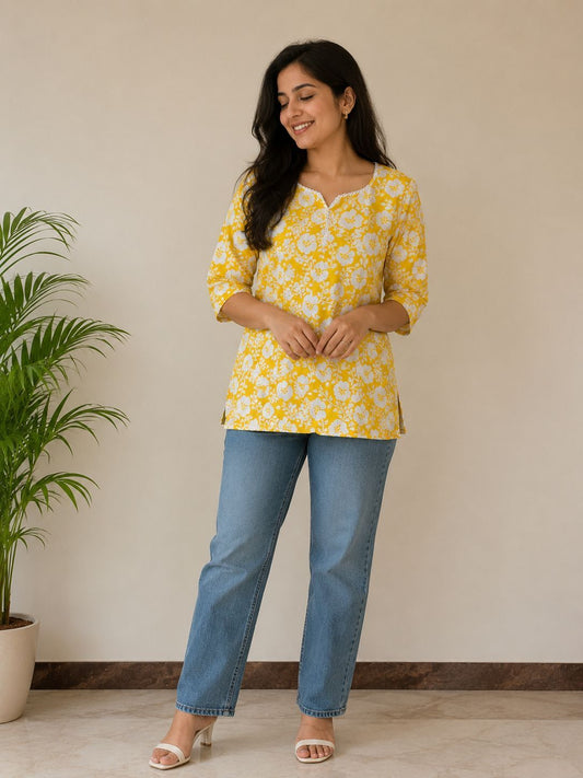 Yellow Floral Print Kurti for Women – Soft Cotton Casual Top
