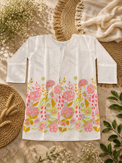 Women’s White Floral Printed Cotton Kurti Top with Embroidered Neck | Casual Ethnic Wear