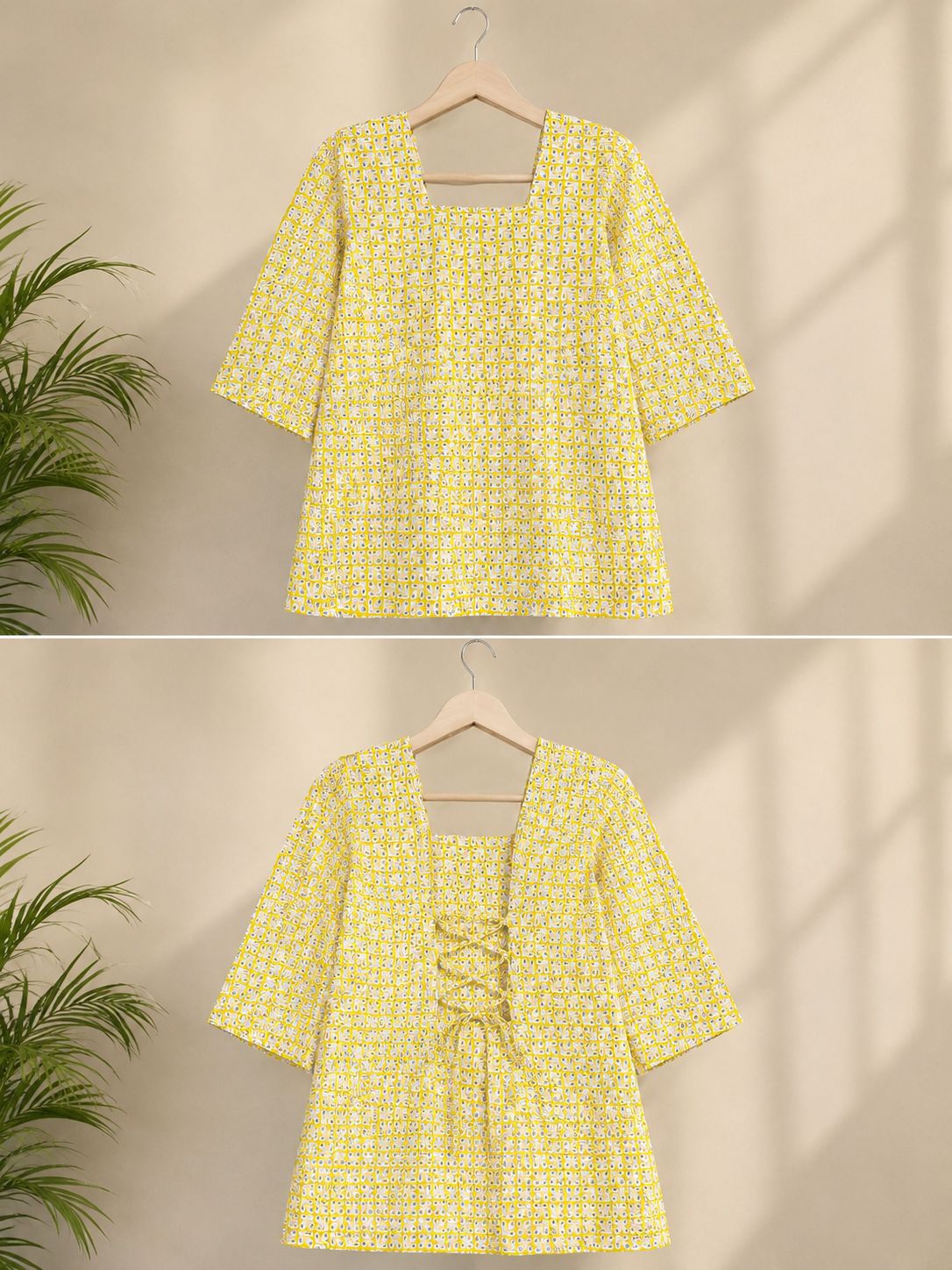 Women’s Yellow Printed Cotton Short Kurti Top with Back Dori – Casual, Office & Partywear