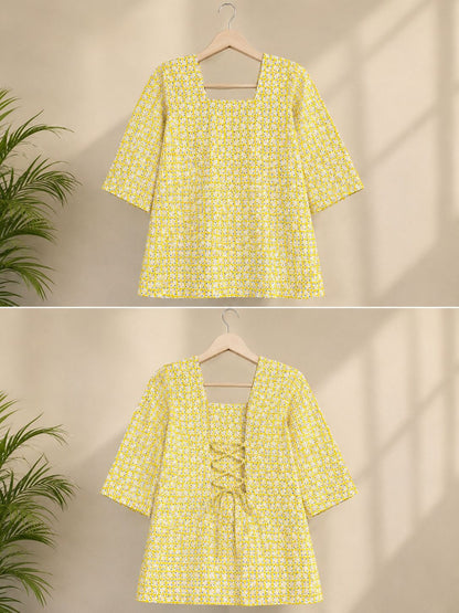 Women’s Yellow Printed Cotton Short Kurti Top with Back Dori – Casual, Office & Partywear