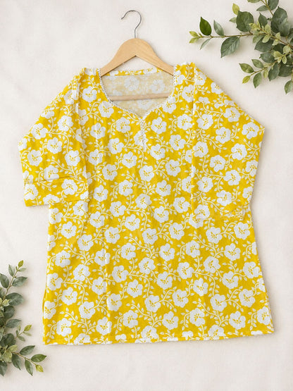 Yellow Floral Print Kurti for Women – Soft Cotton Casual Top