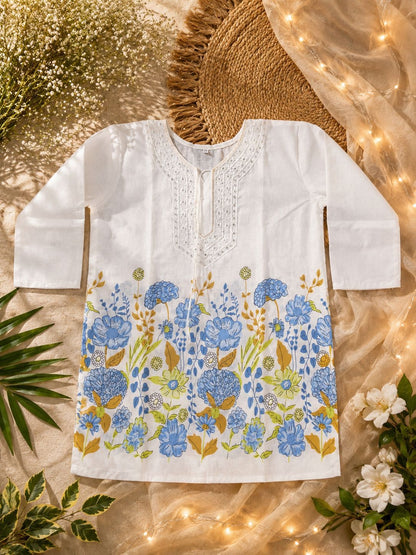 Women’s White Floral Printed Cotton Kurti Top with Embroidered Neck | Casual Ethnic Wear