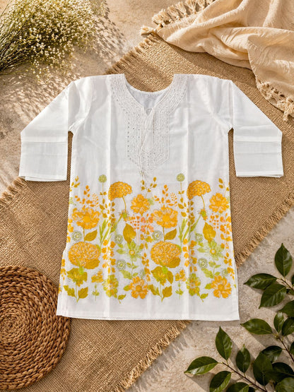 Women’s White Floral Printed Cotton Kurti Top with Embroidered Neck | Casual Ethnic Wear