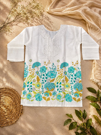 Women’s White Floral Printed Cotton Kurti Top with Embroidered Neck | Casual Ethnic Wear