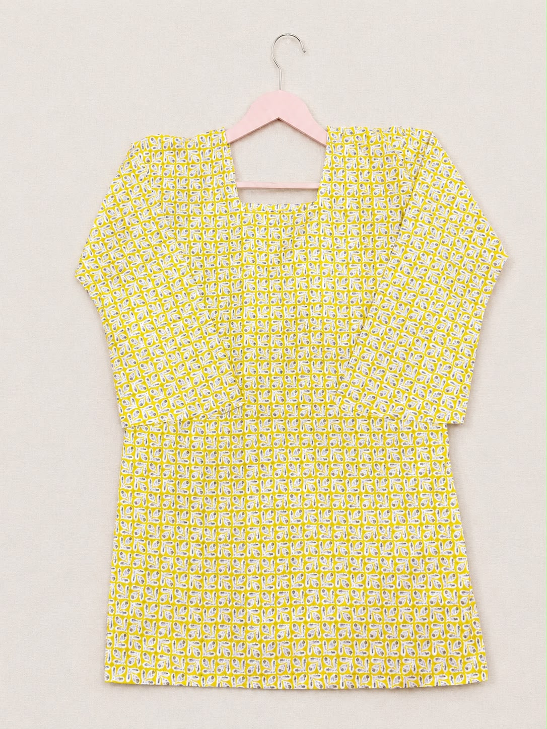 Women’s Yellow Printed Cotton Short Kurti Top with Back Dori – Casual, Office & Partywear