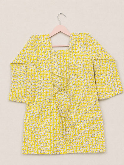 Women’s Yellow Printed Cotton Short Kurti Top with Back Dori – Casual, Office & Partywear