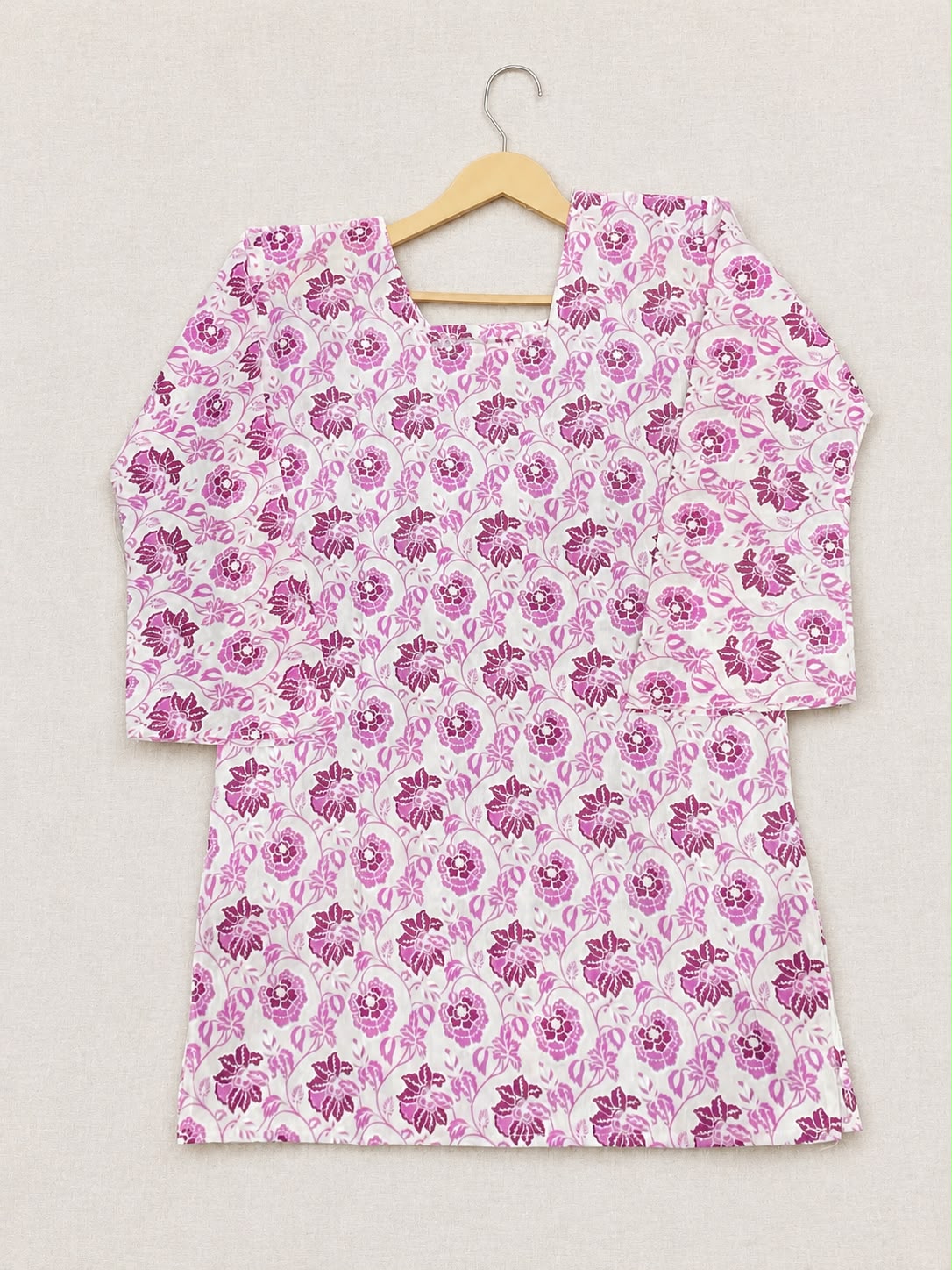 Women’s Pink Floral Printed Cotton Short Kurti Top  Back Door – Casual, Office & Partywear